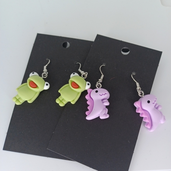 Handmade Frog and Dinosaur Earrings - Picture 1 of 4